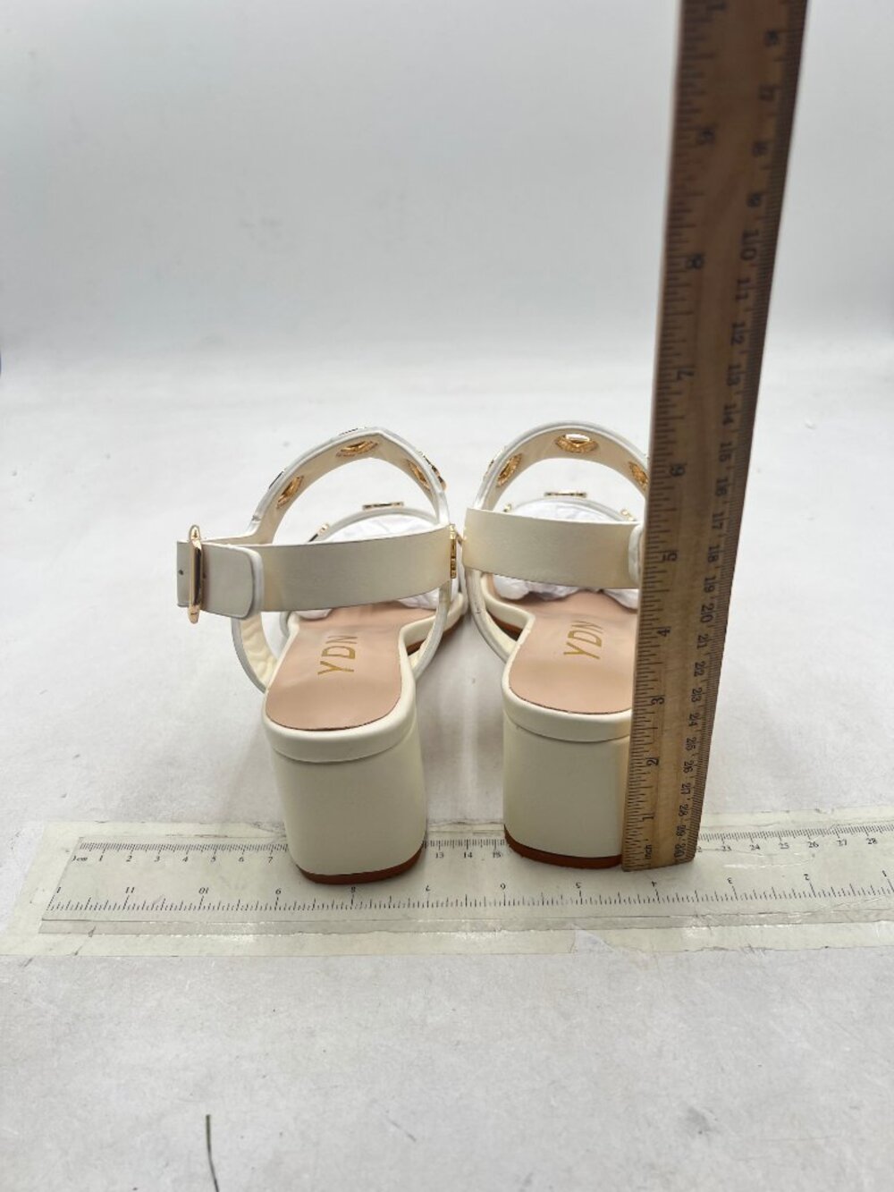 YDN Women's Ivory Block Heel Sandals with Gold Buckle Accents - Picture 5 of 8